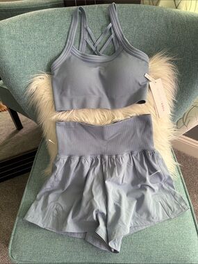Yogalicious Light Blue Ribbed Crisscross Sports Bra & High-Waist Shorts